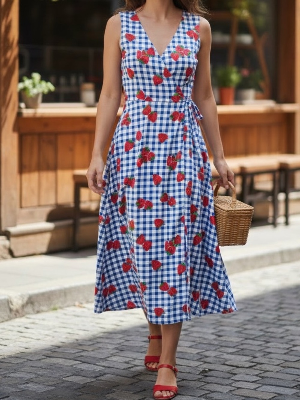 Handmade Gingham Strawberry Print Wrap Summer Midi Dress Blue Red